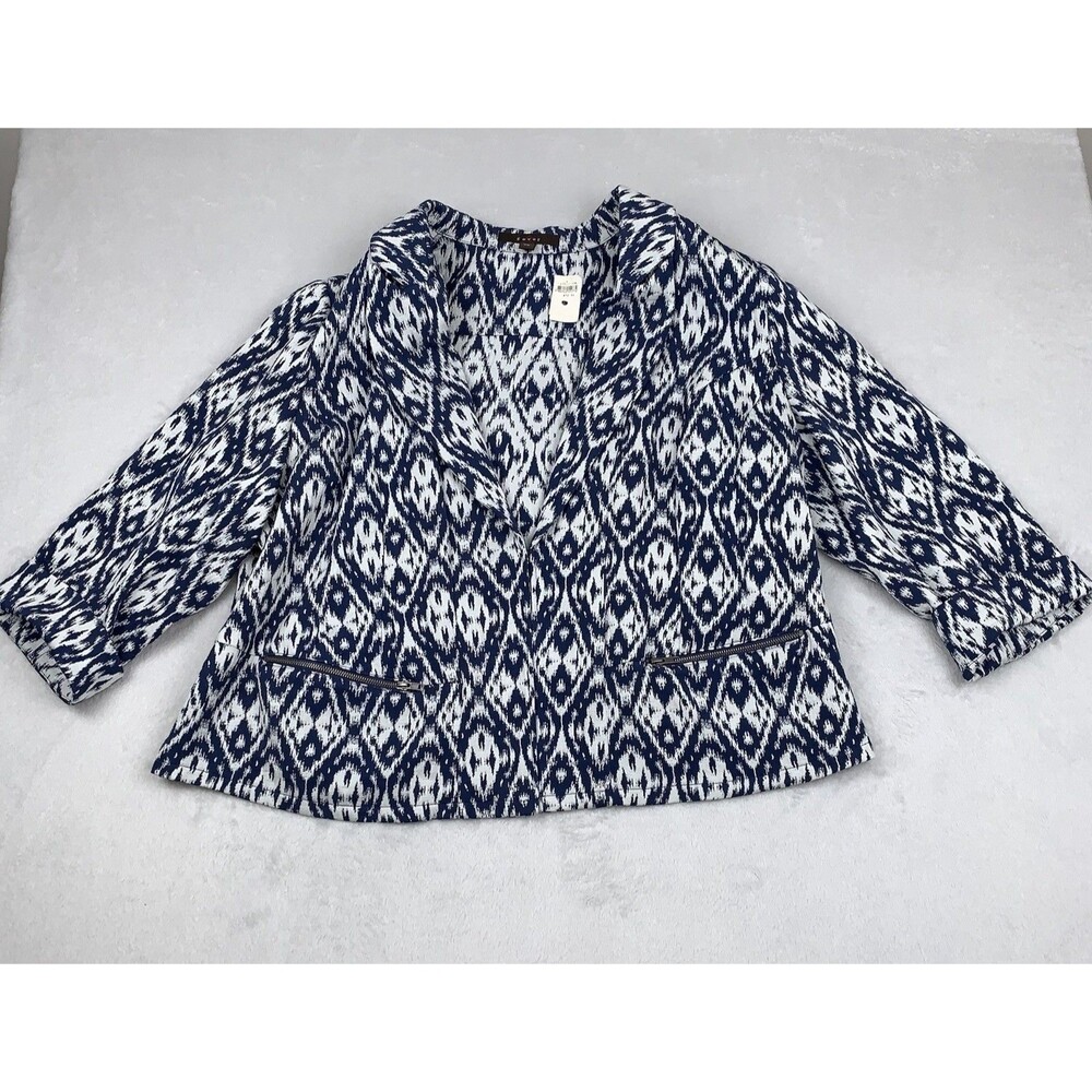 Vtg Fever 2X Blazer Blue White Abstract Aztec Diamond 3/4 Sleeve Jacket